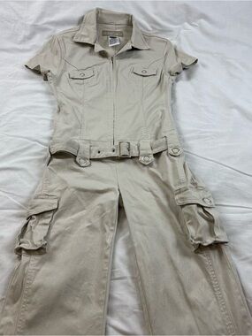 Revolt Jeans Beige Short-Sleeve Cargo Jumpsuit with Belt